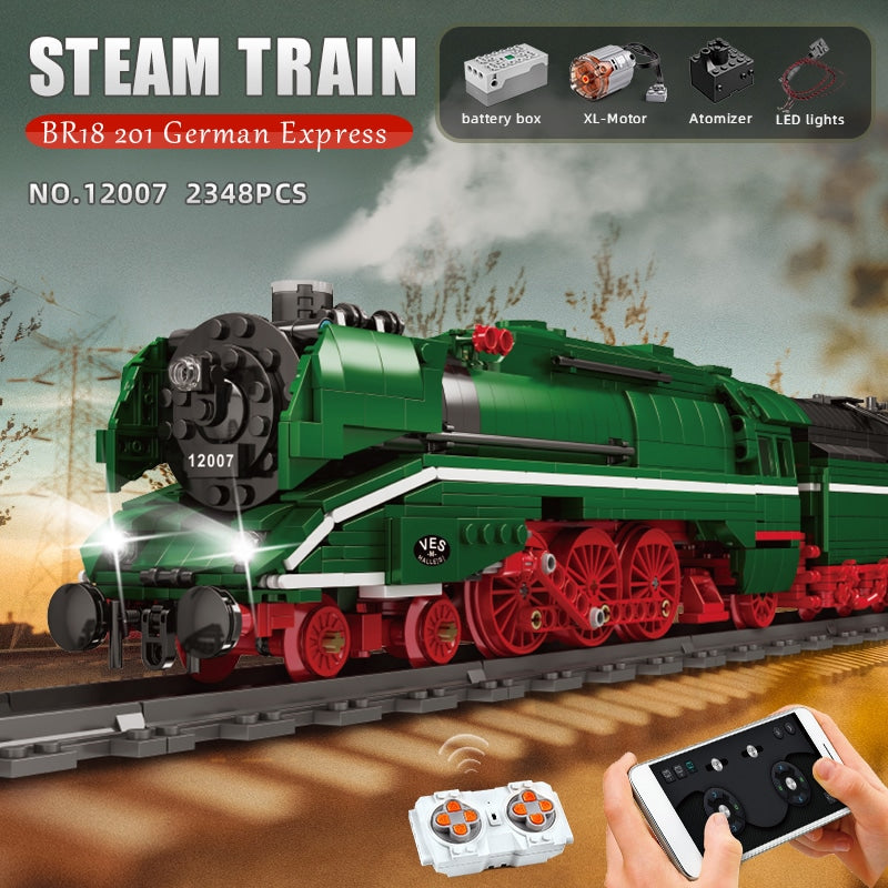 Grüne Klemmbaustein Lokomotive mit Fernbedienung